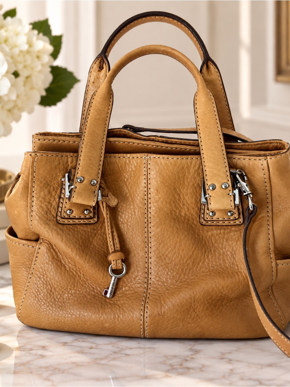 Fossil 75082 Tan Brown Pebbled Leather Satchel Crossbody Shoulder Bag
